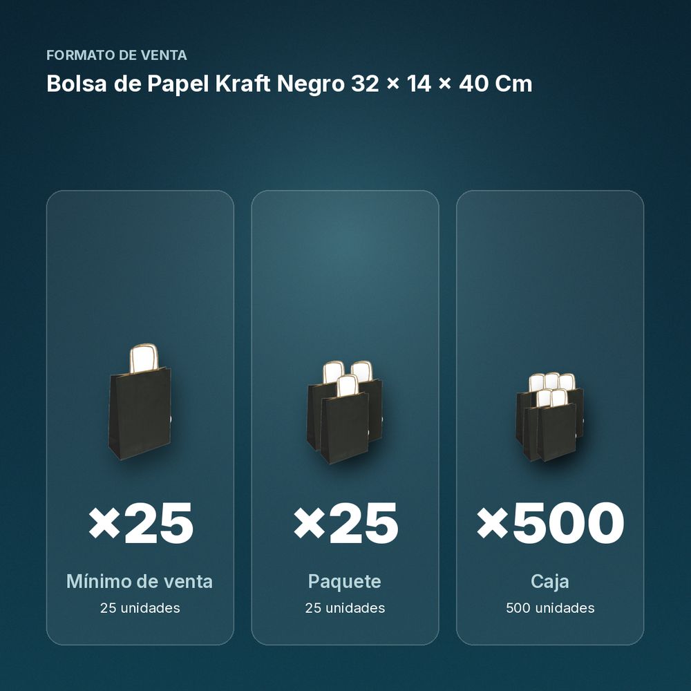 BOLSA DE PAPEL KRAFT NEGRO 32 × 14 × 40 CM - formato de venta: paquete de 25, caja de 500