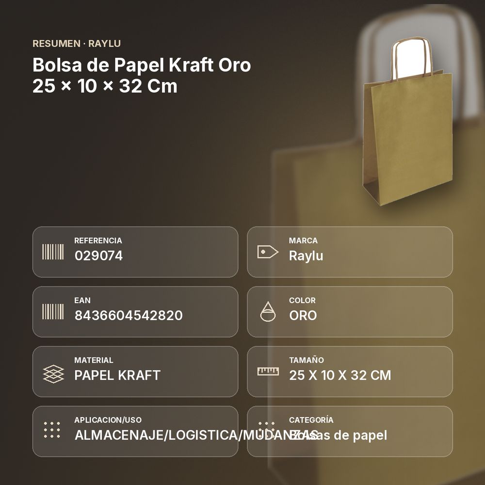 BOLSA DE PAPEL KRAFT ORO 25 × 10 × 32 CM - resumen de atributos