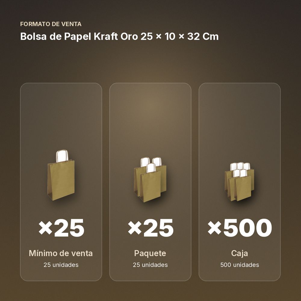 BOLSA DE PAPEL KRAFT ORO 25 × 10 × 32 CM - formato de venta: paquete de 25, caja de 500