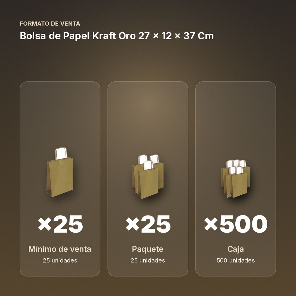 BOLSA DE PAPEL KRAFT ORO 27 × 12 × 37 CM - formato de venta: paquete de 25, caja de 500