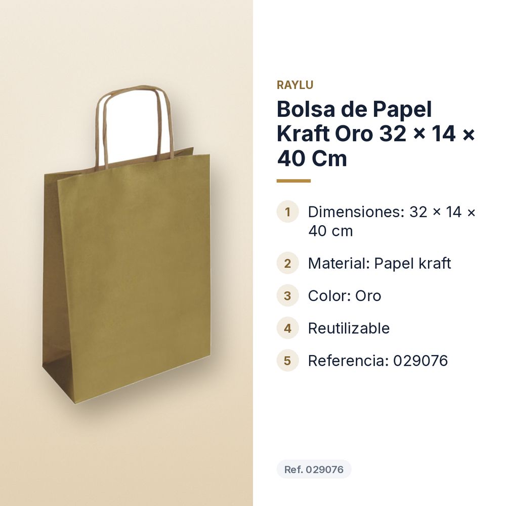 BOLSA DE PAPEL KRAFT ORO 32 × 14 × 40 CM - características principales