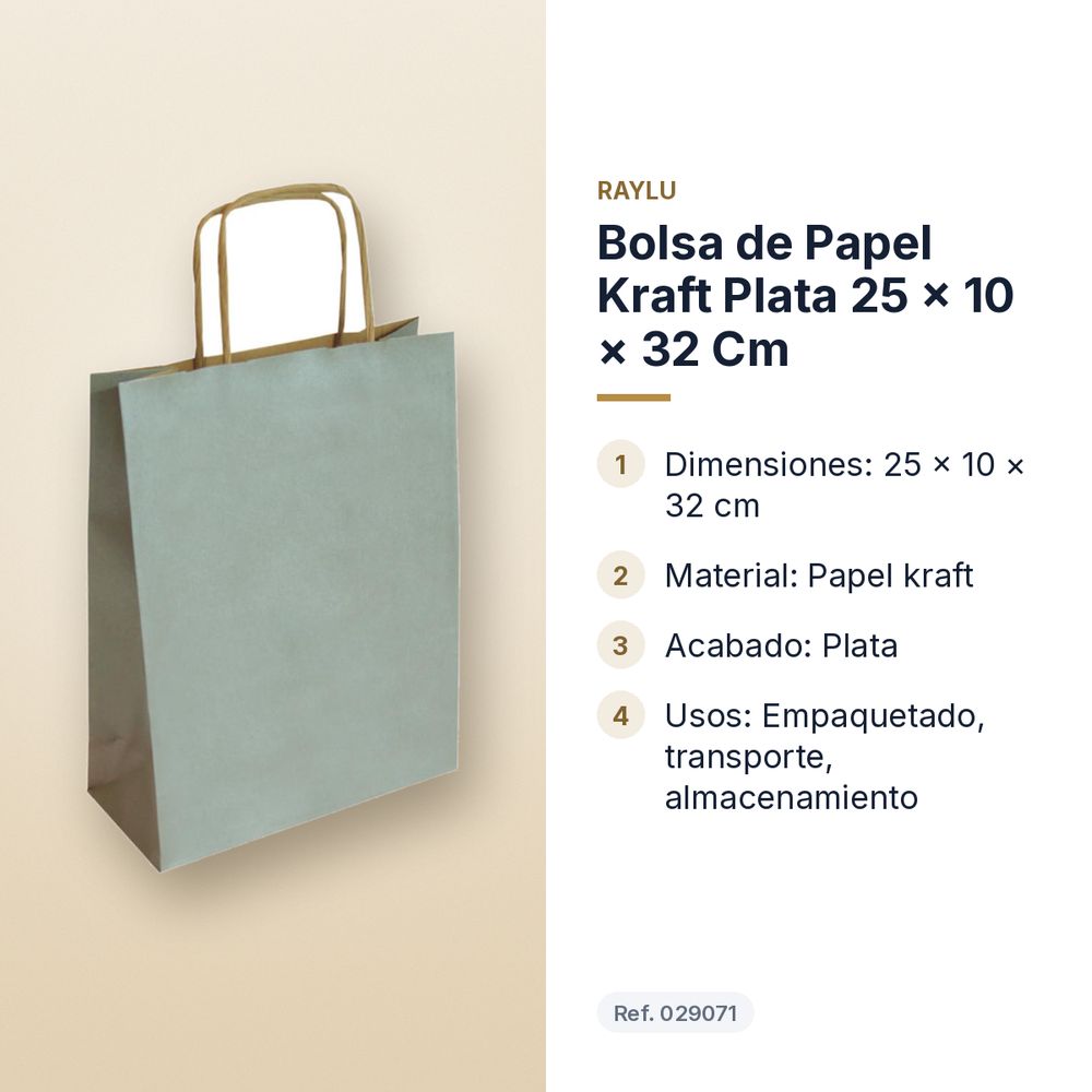 BOLSA DE PAPEL KRAFT PLATA 25 × 10 × 32 CM - características principales