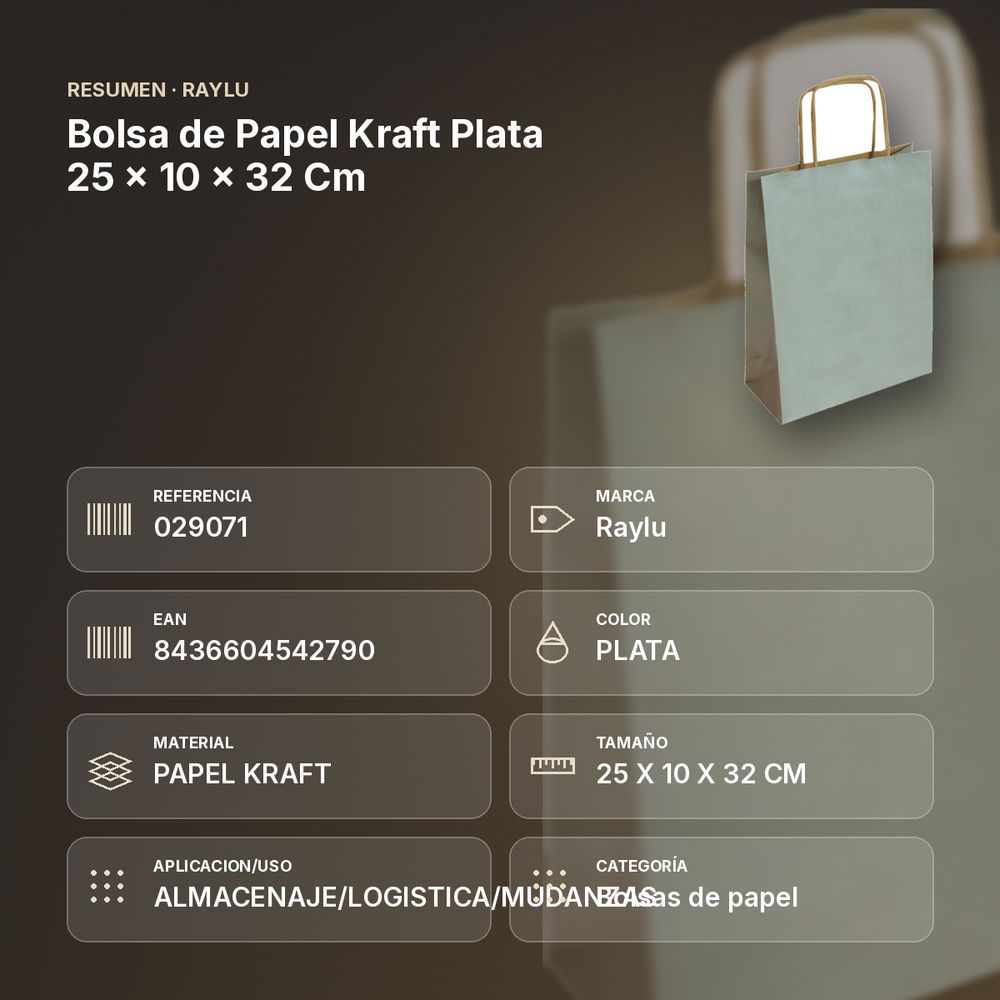 BOLSA DE PAPEL KRAFT PLATA 25 × 10 × 32 CM - resumen de atributos