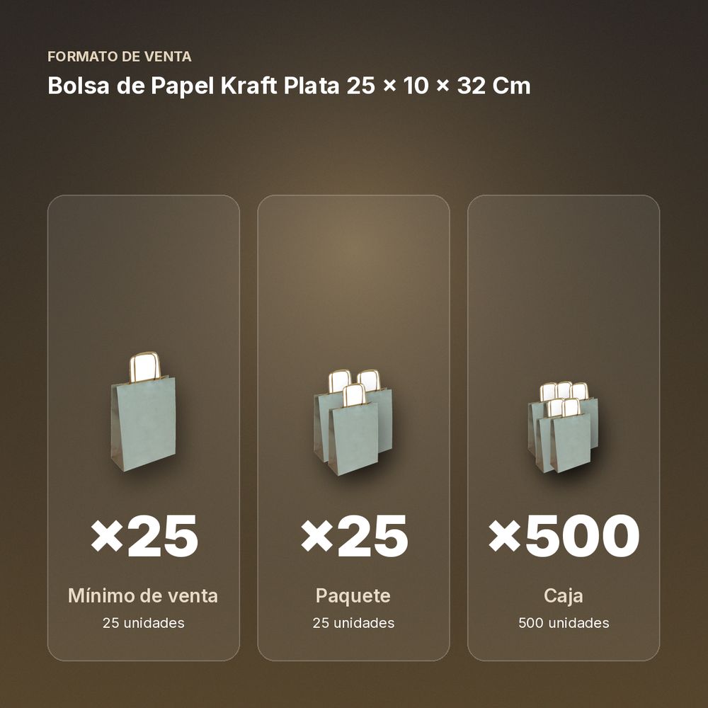BOLSA DE PAPEL KRAFT PLATA 25 × 10 × 32 CM - formato de venta: paquete de 25, caja de 500