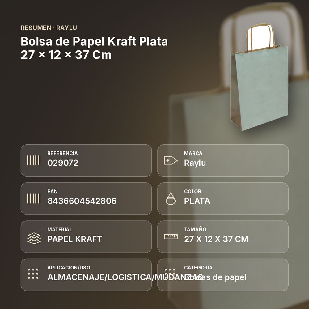 BOLSA DE PAPEL KRAFT PLATA 27 × 12 × 37 CM - resumen de atributos