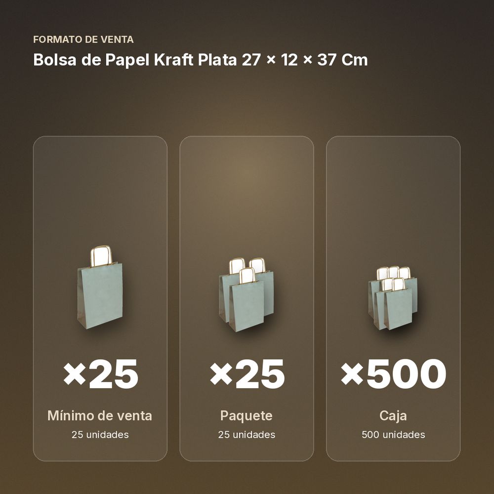 BOLSA DE PAPEL KRAFT PLATA 27 × 12 × 37 CM - formato de venta: paquete de 25, caja de 500