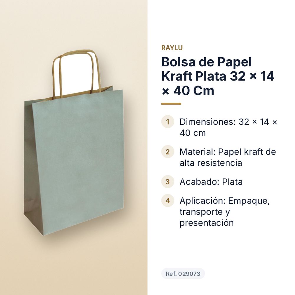 BOLSA DE PAPEL KRAFT PLATA 32 × 14 × 40 CM - características principales