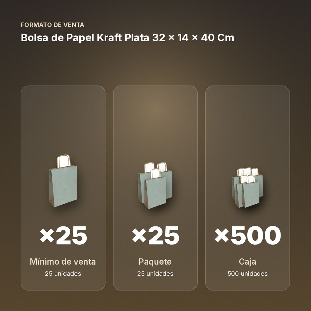 BOLSA DE PAPEL KRAFT PLATA 32 × 14 × 40 CM - formato de venta: paquete de 25, caja de 500
