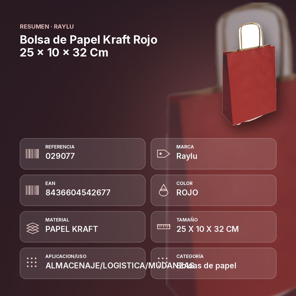BOLSA DE PAPEL KRAFT ROJO 25 × 10 × 32 CM - resumen de atributos