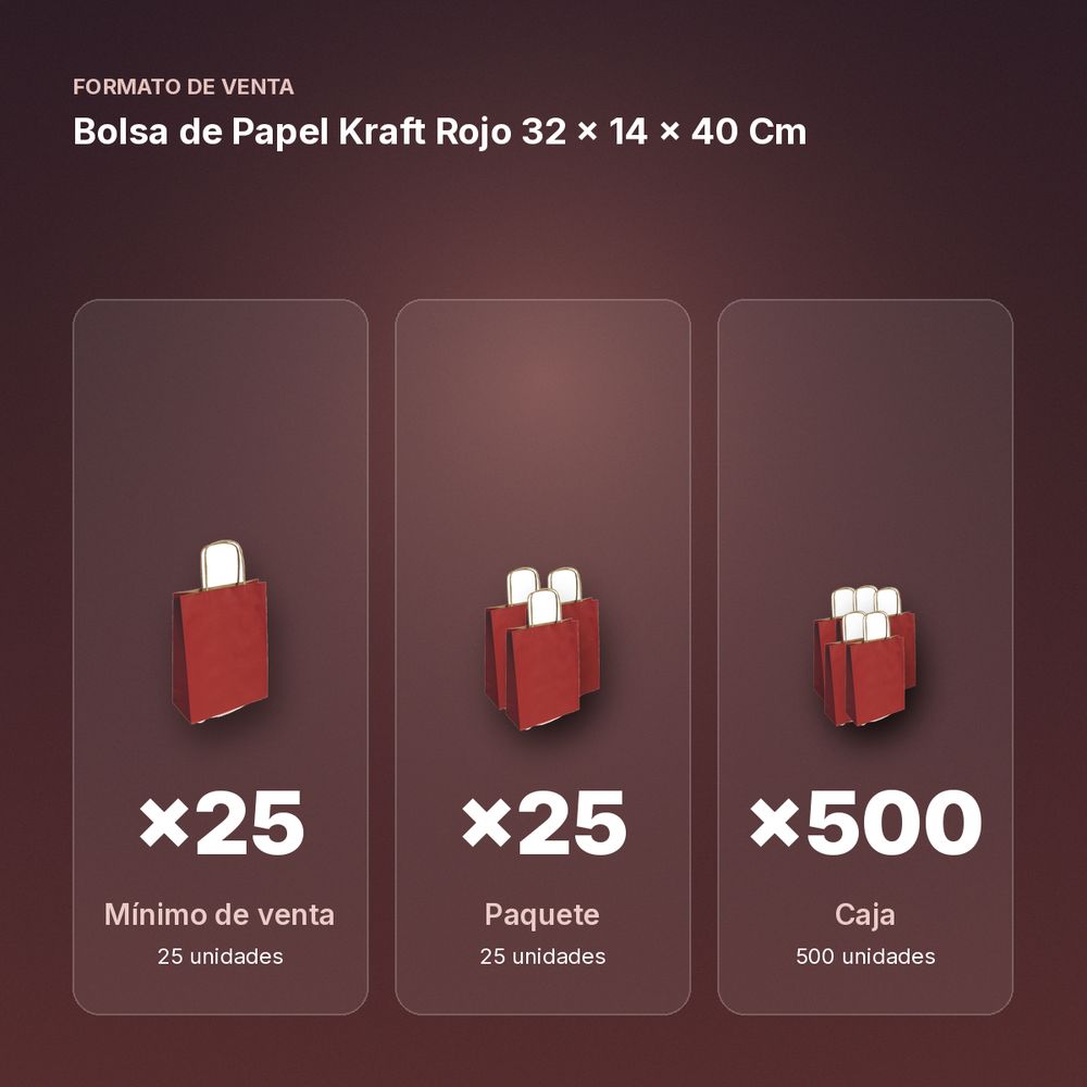 BOLSA DE PAPEL KRAFT ROJO 32 × 14 × 40 CM - formato de venta: paquete de 25, caja de 500