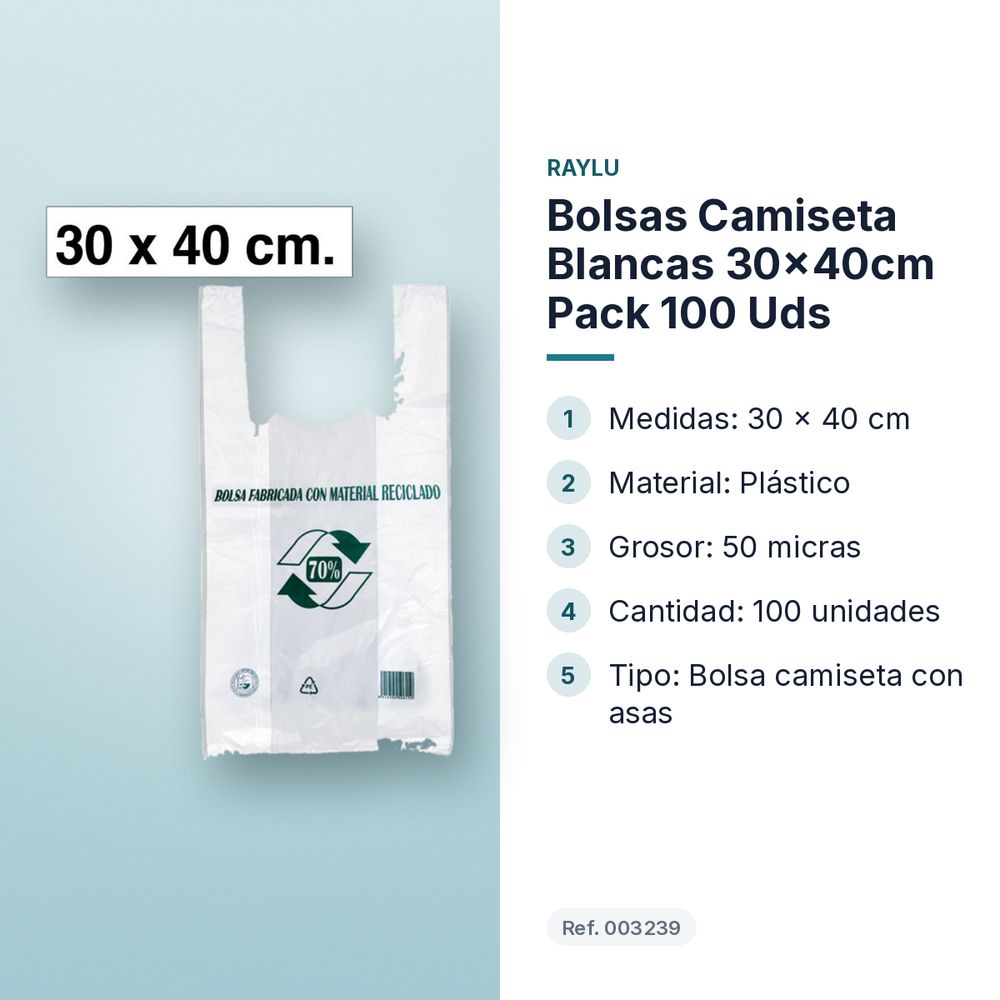 BOLSAS CAMISETA BLANCAS 30×40CM PACK 100 UDS - características principales