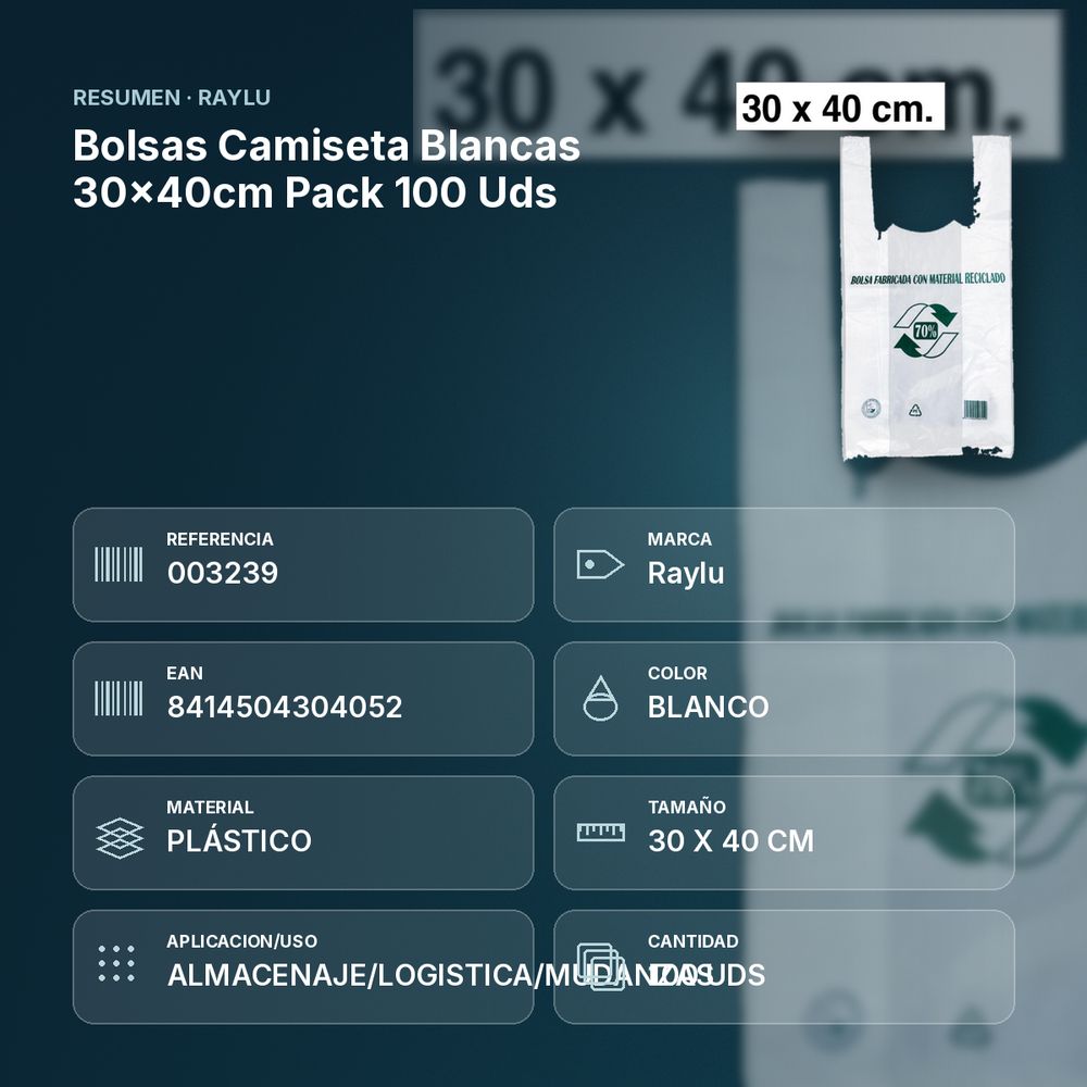BOLSAS CAMISETA BLANCAS 30×40CM PACK 100 UDS - resumen de atributos