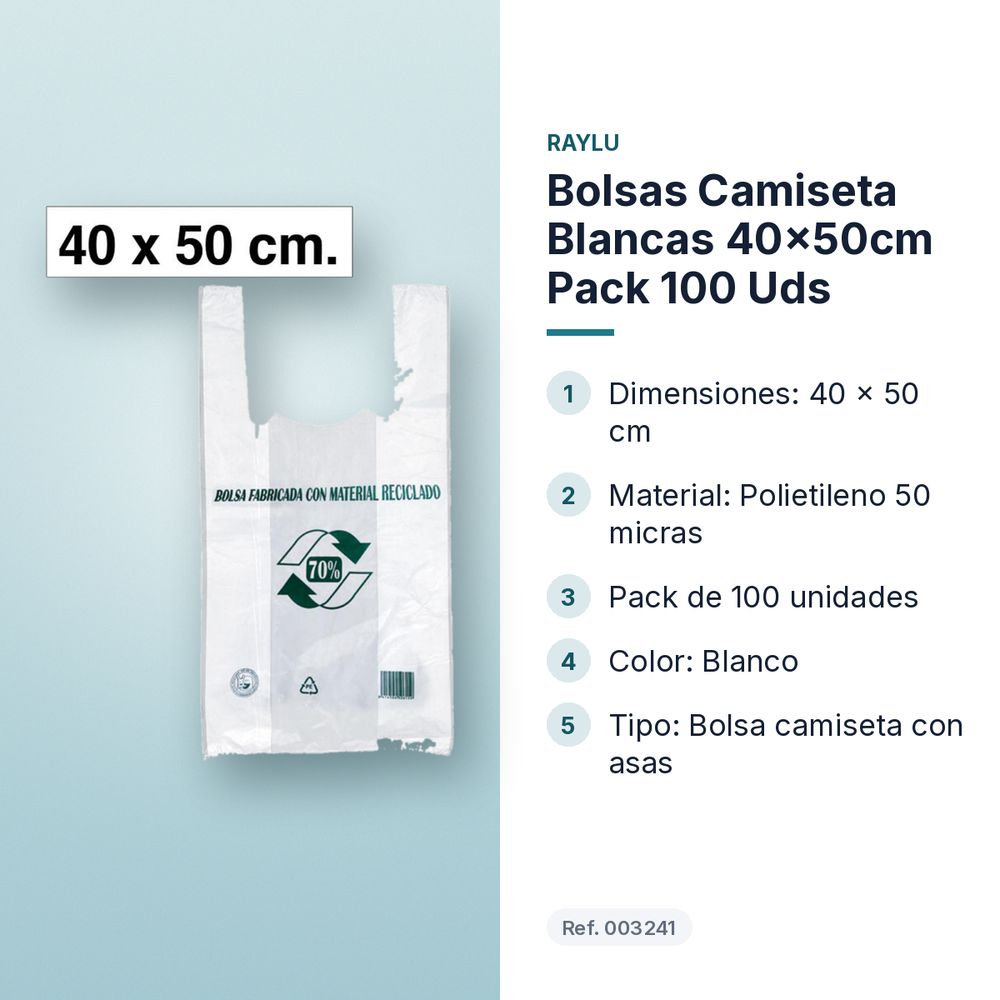 BOLSAS CAMISETA BLANCAS 40×50CM PACK 100 UDS - características principales