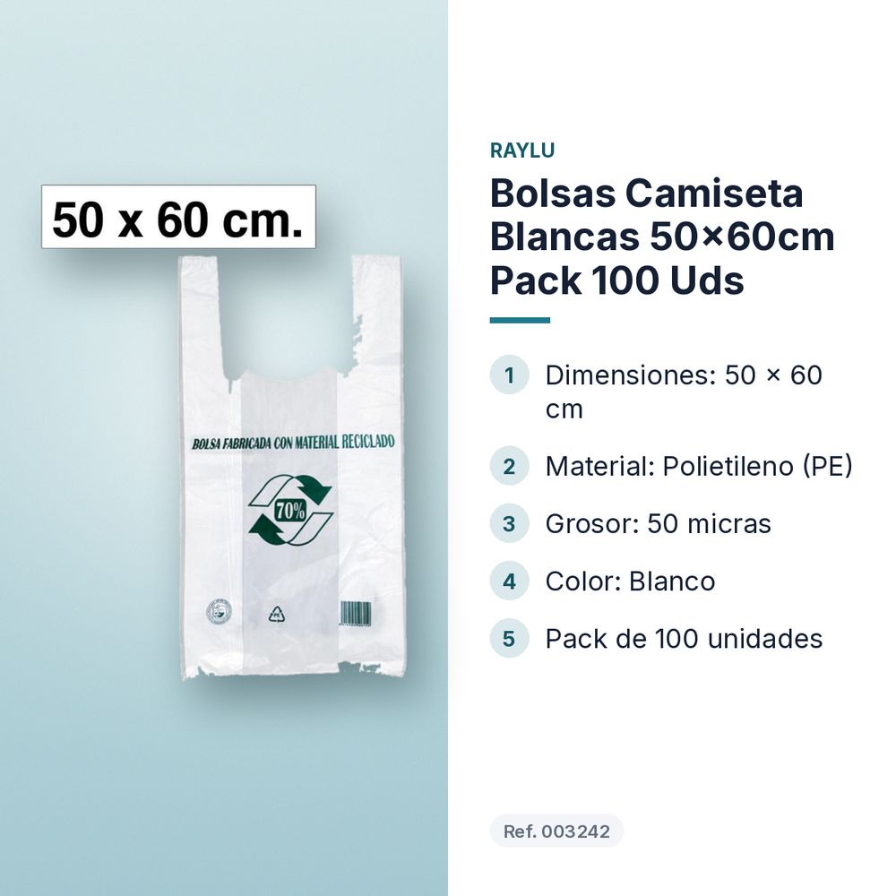 BOLSAS CAMISETA BLANCAS 50×60CM PACK 100 UDS - características principales