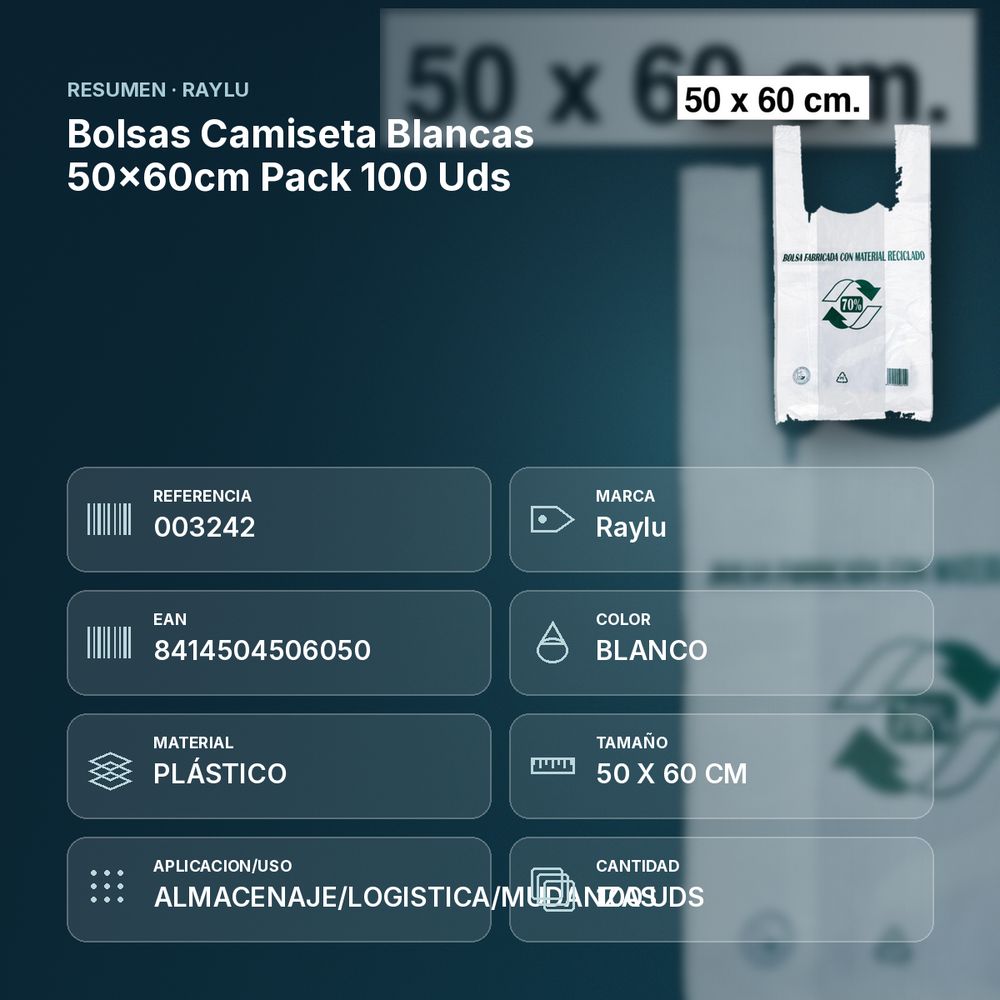 BOLSAS CAMISETA BLANCAS 50×60CM PACK 100 UDS - resumen de atributos