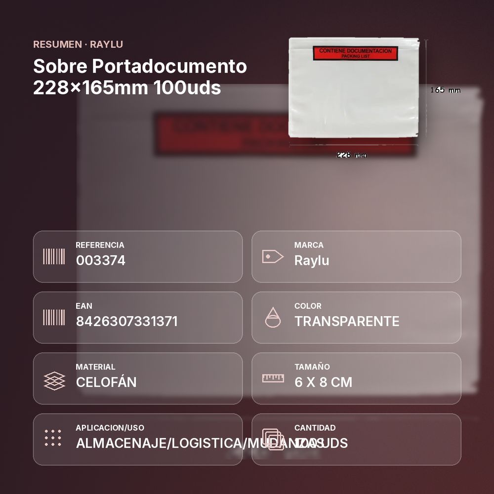 SOBRE PORTADOCUMENTO 228X165MM 100UDS - resumen de atributos