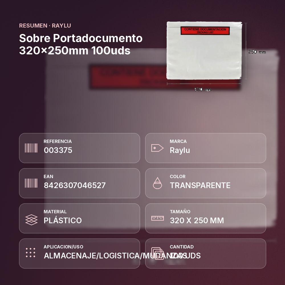 SOBRE PORTADOCUMENTO 320X250MM 100UDS - resumen de atributos