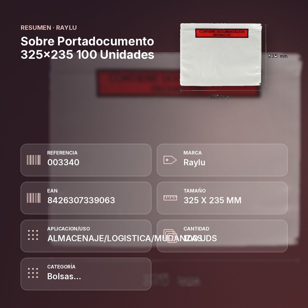 SOBRE PORTADOCUMENTO 325X235 100 UNIDADES - resumen de atributos
