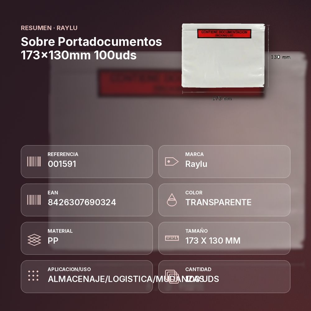 SOBRE PORTADOCUMENTOS 173X130MM 100UDS - resumen de atributos