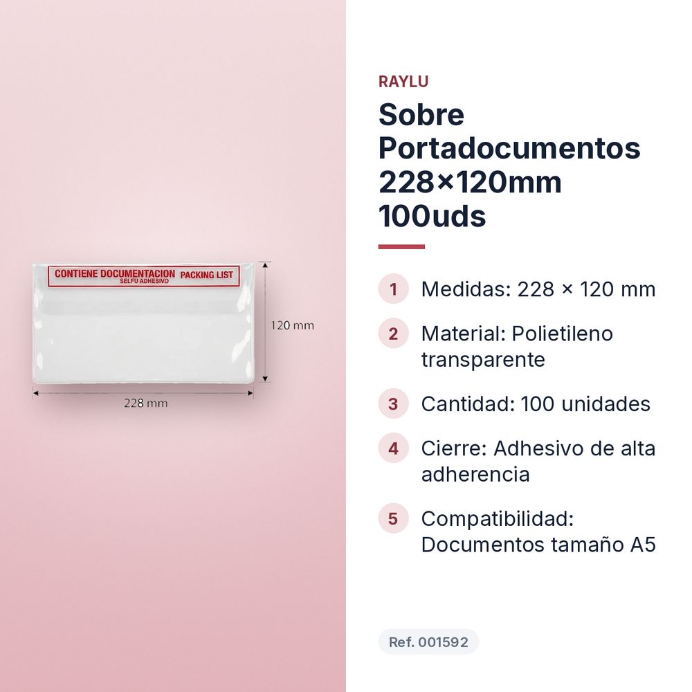 SOBRE PORTADOCUMENTOS 228X120MM 100UDS - características principales