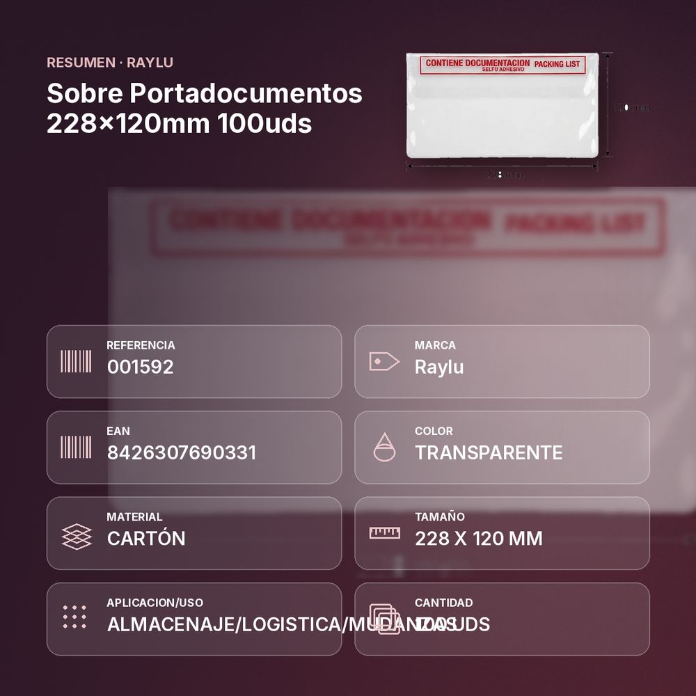 SOBRE PORTADOCUMENTOS 228X120MM 100UDS - resumen de atributos