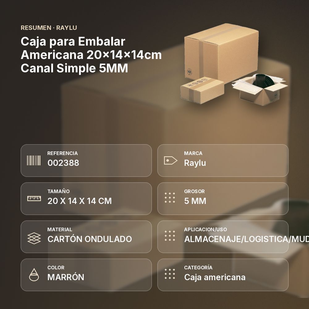 CAJA PARA EMBALAR AMERICANA 20×14×14CM CANAL SIMPLE 5MM - resumen de atributos