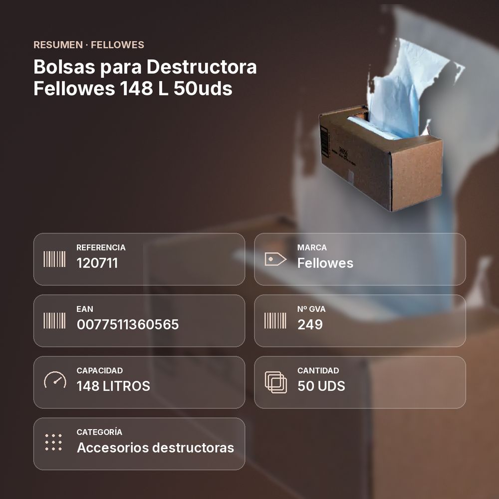BOLSAS PARA DESTRUCTORA FELLOWES 148 L 50UDS - resumen de atributos