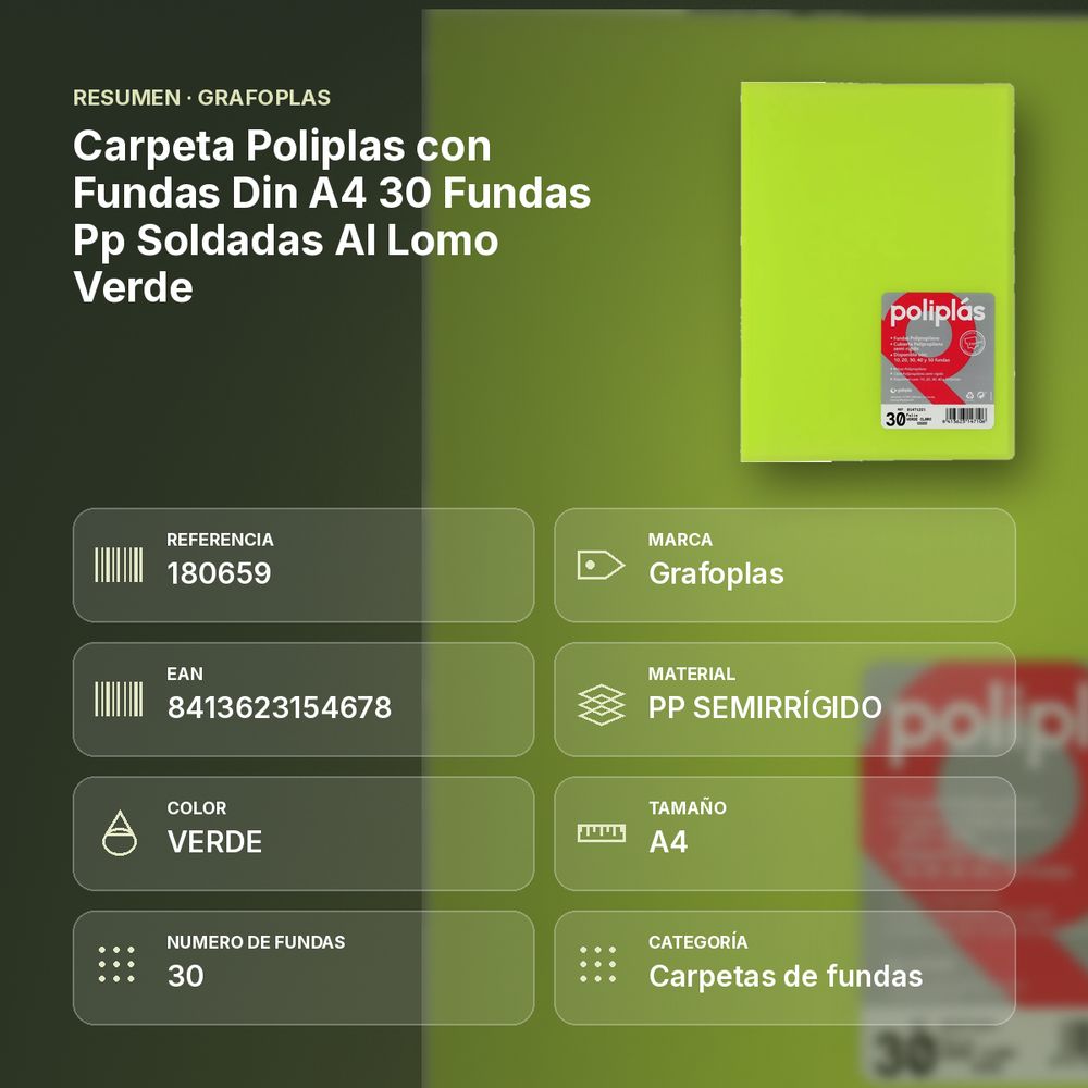 CARPETA POLIPLAS CON FUNDAS DIN A4 30 FUNDAS PP SOLDADAS AL LOMO VERDE - resumen de atributos