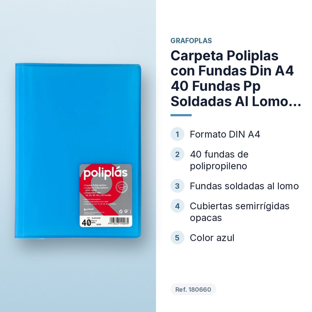 CARPETA POLIPLAS CON FUNDAS DIN A4 40 FUNDAS PP SOLDADAS AL LOMO AZUL - características principales