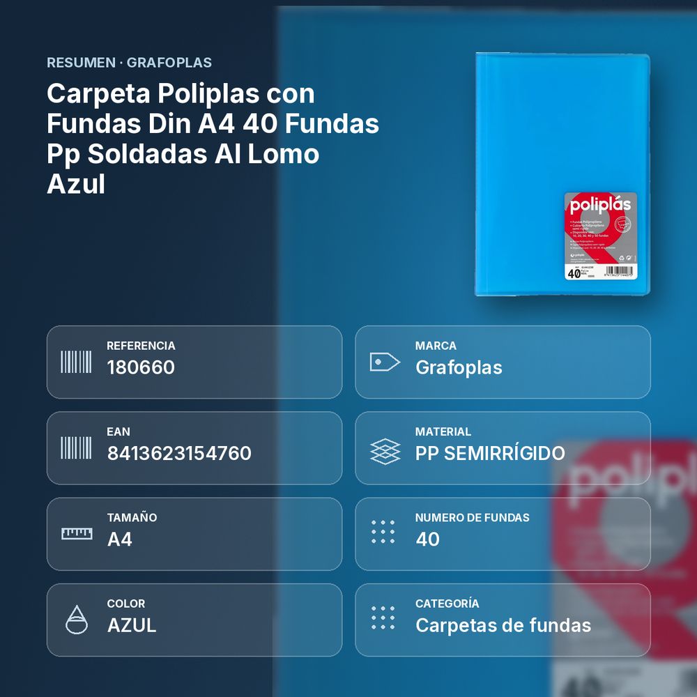 CARPETA POLIPLAS CON FUNDAS DIN A4 40 FUNDAS PP SOLDADAS AL LOMO AZUL - resumen de atributos