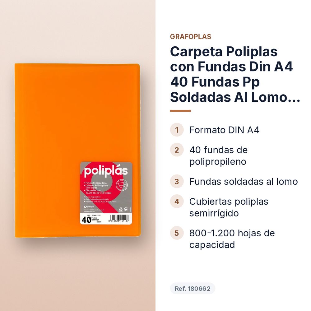 CARPETA POLIPLAS CON FUNDAS DIN A4 40 FUNDAS PP SOLDADAS AL LOMO NARANJA - características principales