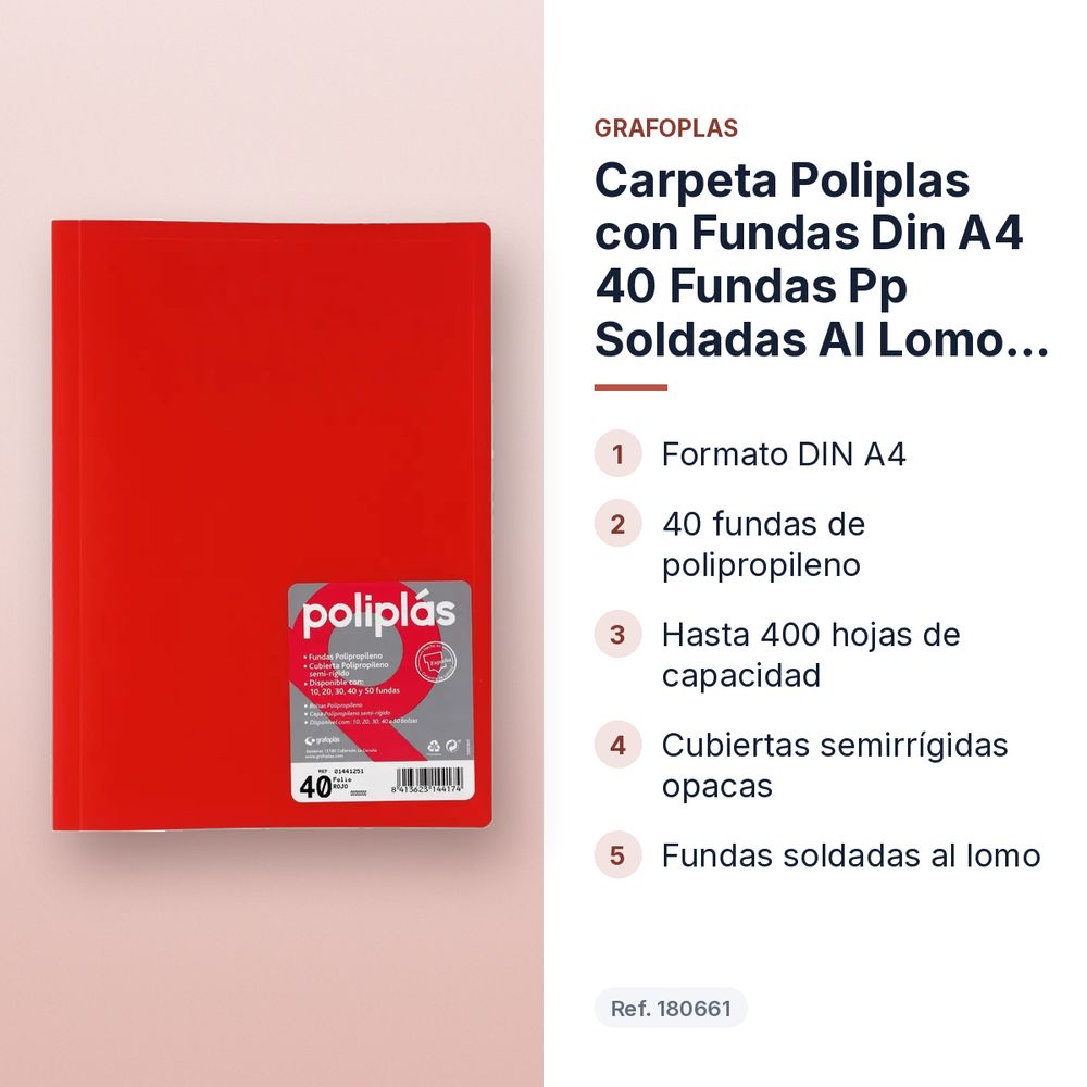 CARPETA POLIPLAS CON FUNDAS DIN A4 40 FUNDAS PP SOLDADAS AL LOMO ROJO - características principales