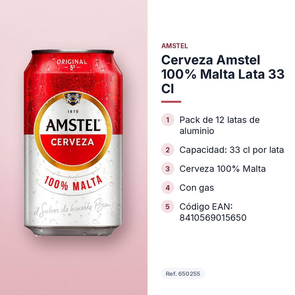 CERVEZA AMSTEL 100% MALTA LATA 33 CL - características principales