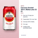 CERVEZA AMSTEL 100% MALTA LATA 33 CL - características principales