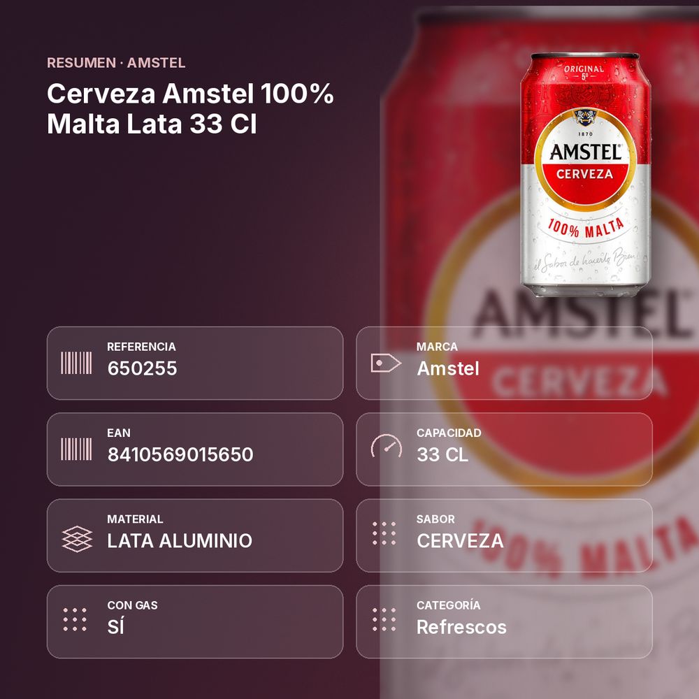 CERVEZA AMSTEL 100% MALTA LATA 33 CL - resumen de atributos