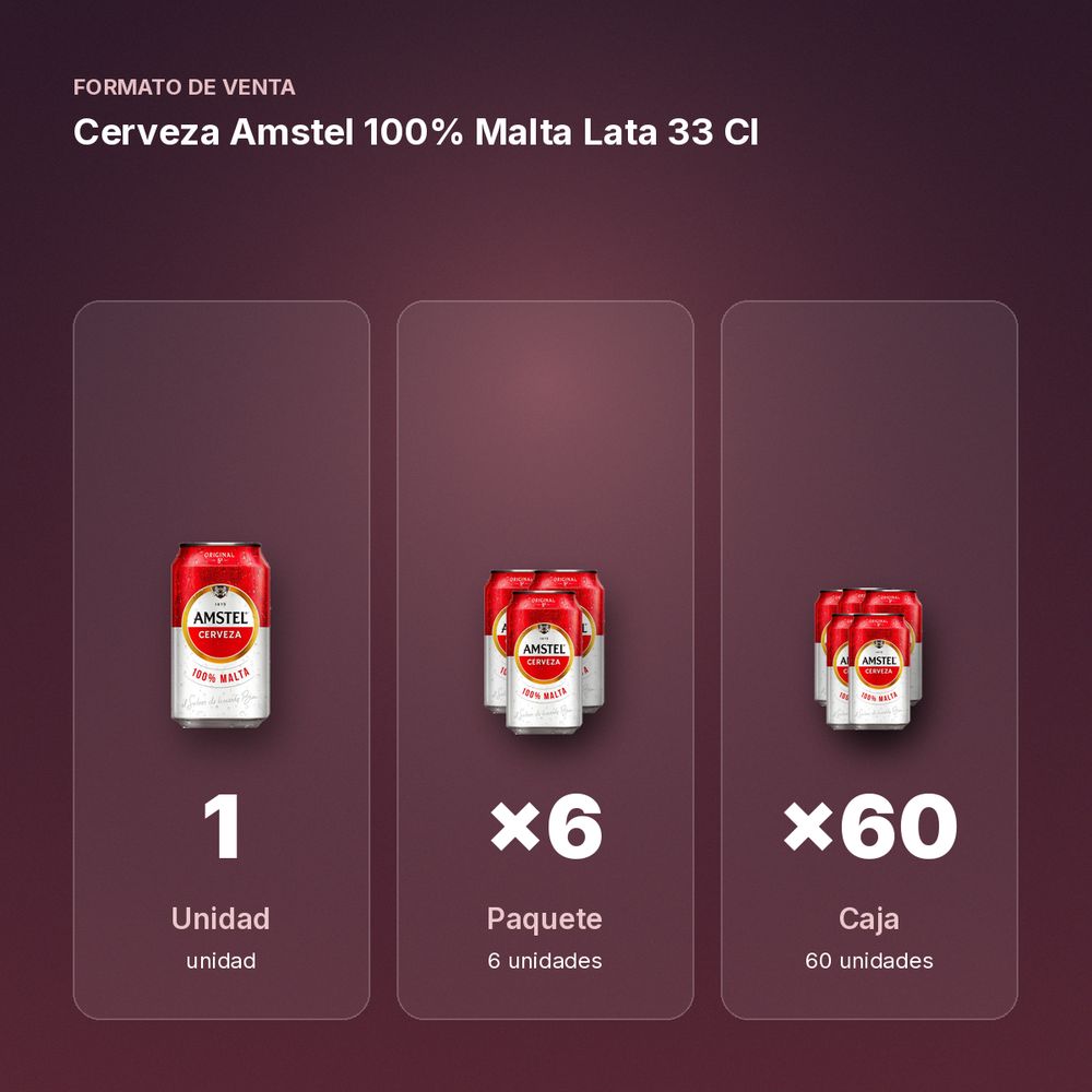 CERVEZA AMSTEL 100% MALTA LATA 33 CL - formato de venta: paquete de 6, caja de 60