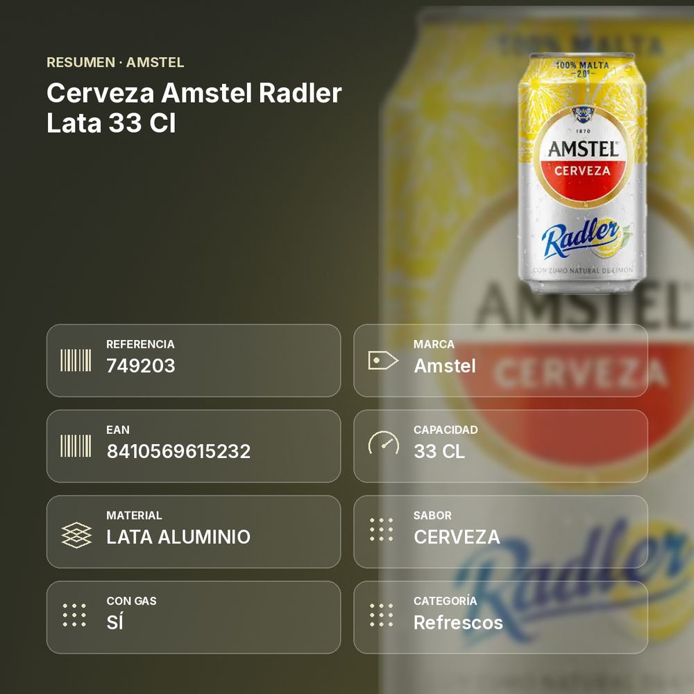 CERVEZA AMSTEL RADLER LATA 33 CL - resumen de atributos