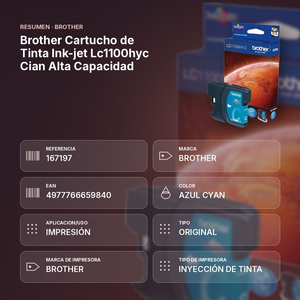 BROTHER  CARTUCHO DE TINTA INK-JET LC1100HYC CIAN ALTA CAPACIDAD - resumen de atributos