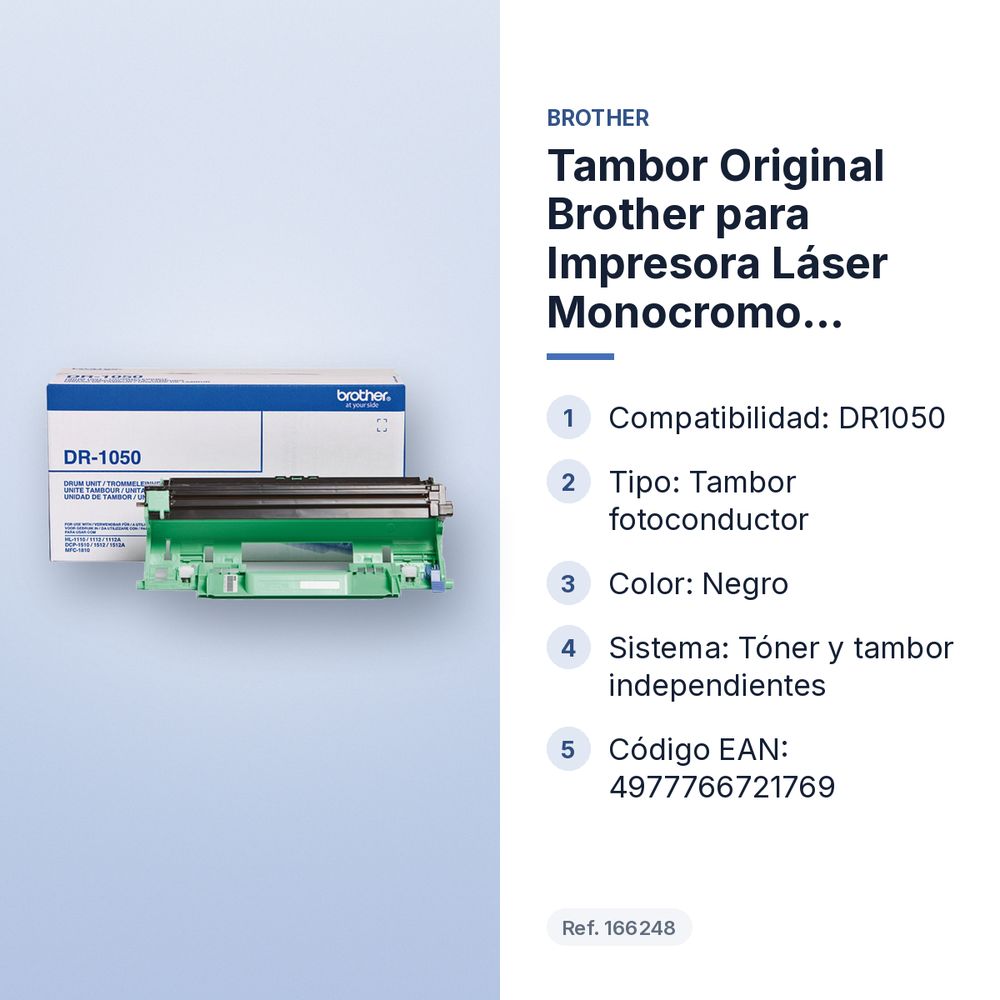 TAMBOR ORIGINAL BROTHER PARA IMPRESORA LÁSER MONOCROMO DR1050 - características principales