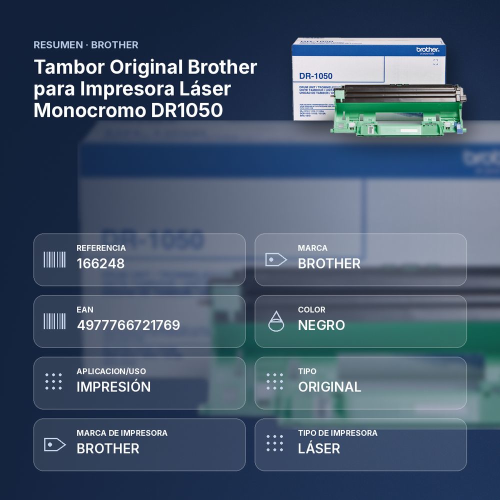 TAMBOR ORIGINAL BROTHER PARA IMPRESORA LÁSER MONOCROMO DR1050 - resumen de atributos