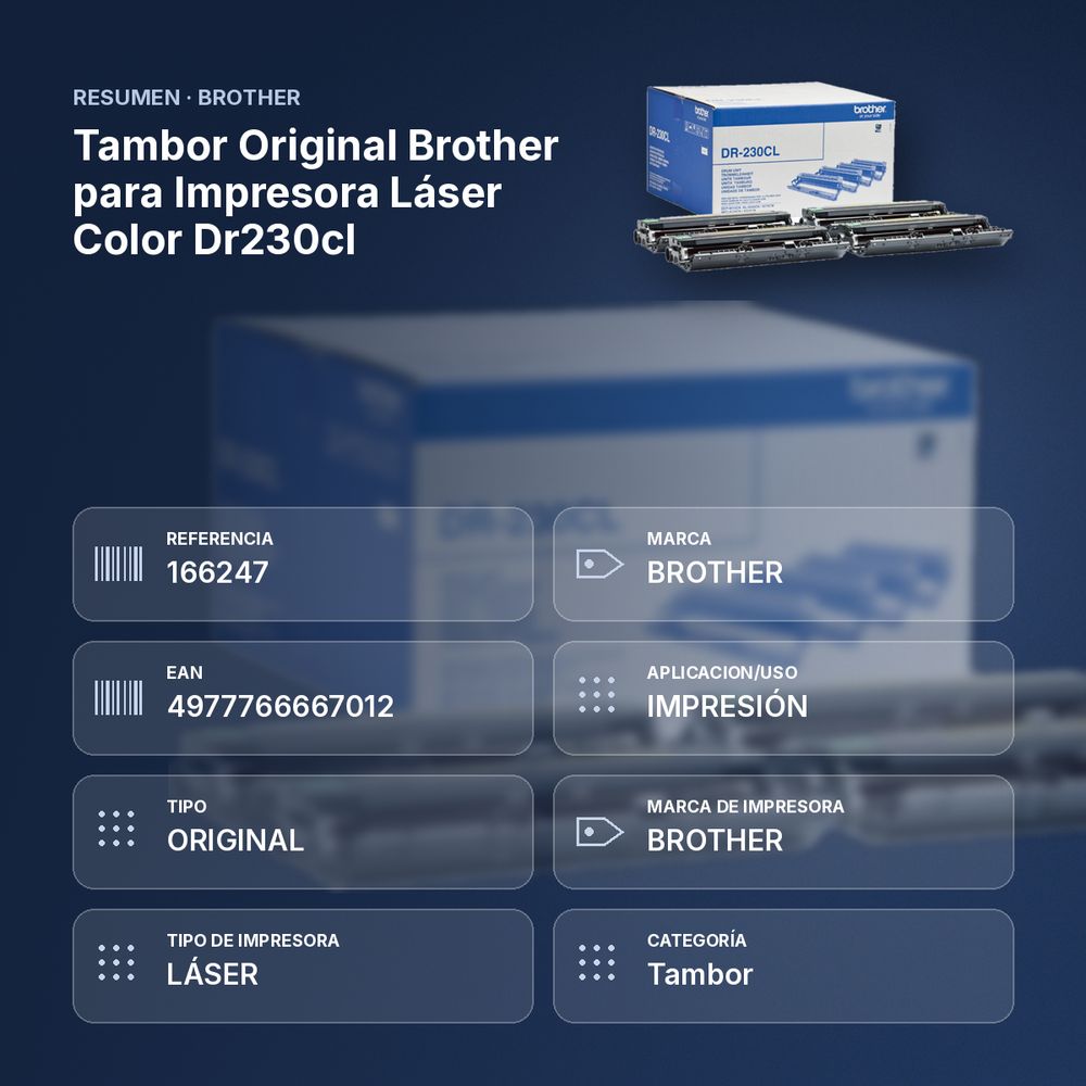TAMBOR ORIGINAL BROTHER PARA IMPRESORA LÁSER COLOR DR230CL - resumen de atributos