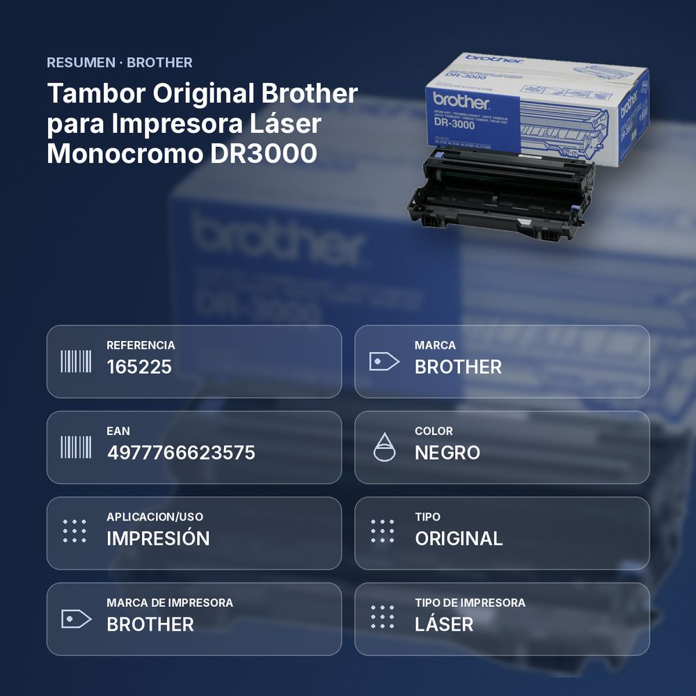 TAMBOR ORIGINAL BROTHER PARA IMPRESORA LÁSER MONOCROMO DR3000 - resumen de atributos