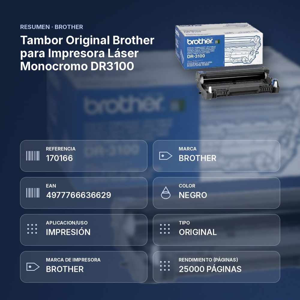 TAMBOR ORIGINAL BROTHER PARA IMPRESORA LÁSER MONOCROMO DR3100 - resumen de atributos
