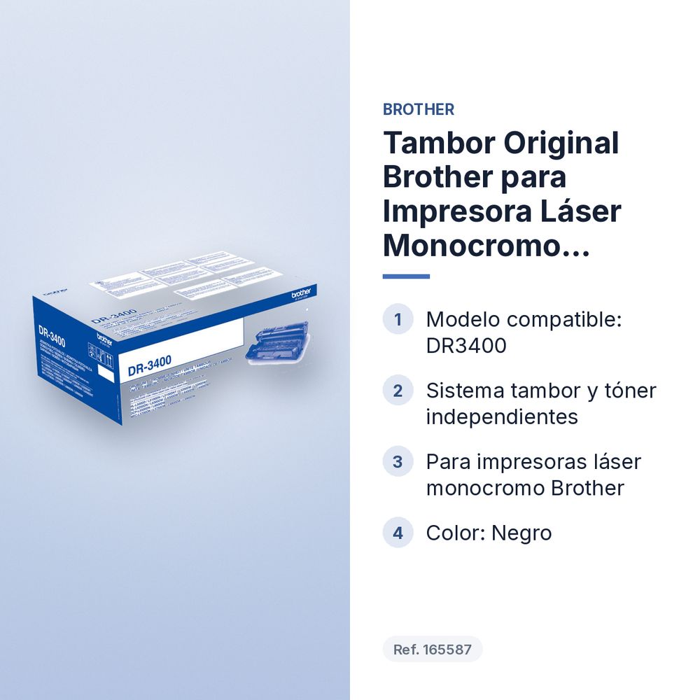 TAMBOR ORIGINAL BROTHER PARA IMPRESORA LÁSER MONOCROMO DR3400 - características principales