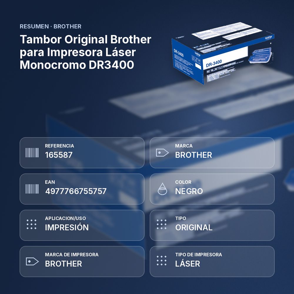 TAMBOR ORIGINAL BROTHER PARA IMPRESORA LÁSER MONOCROMO DR3400 - resumen de atributos