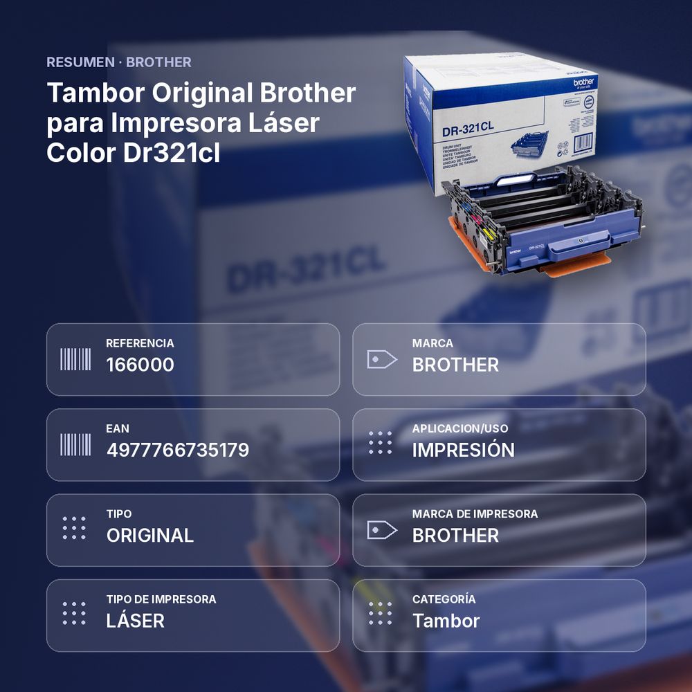 TAMBOR ORIGINAL BROTHER PARA IMPRESORA LÁSER COLOR DR321CL - resumen de atributos