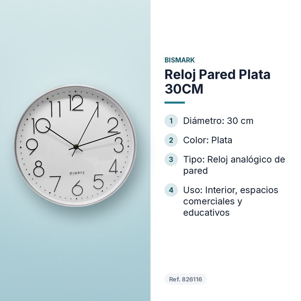 RELOJ PARED PLATA 30CM - características principales