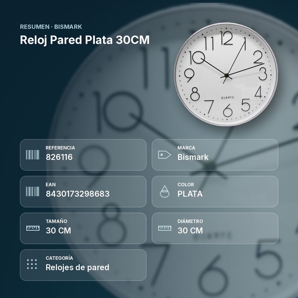RELOJ PARED PLATA 30CM - resumen de atributos