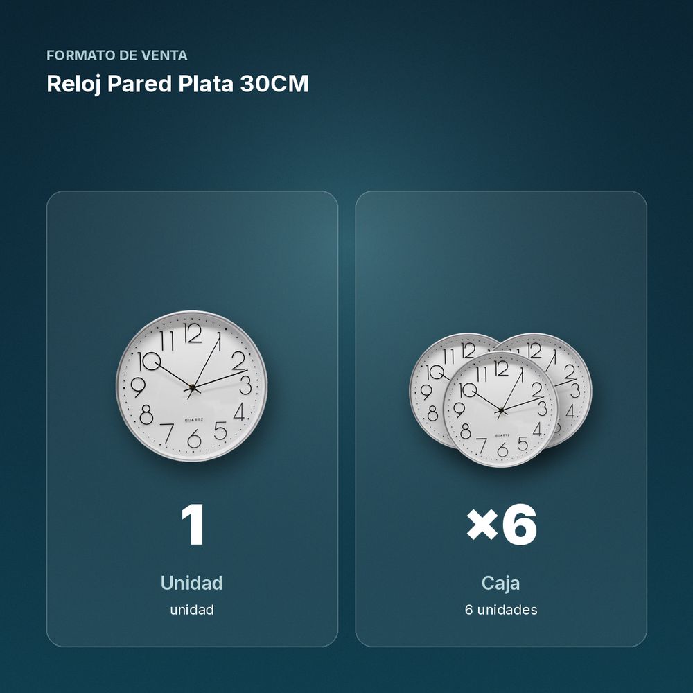 RELOJ PARED PLATA 30CM - formato de venta: caja de 6
