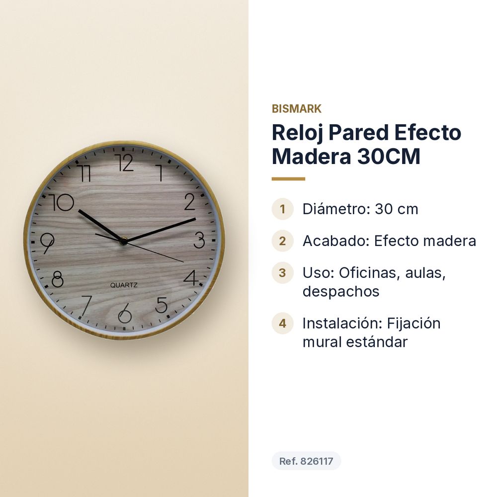 RELOJ PARED EFECTO MADERA 30CM - características principales
